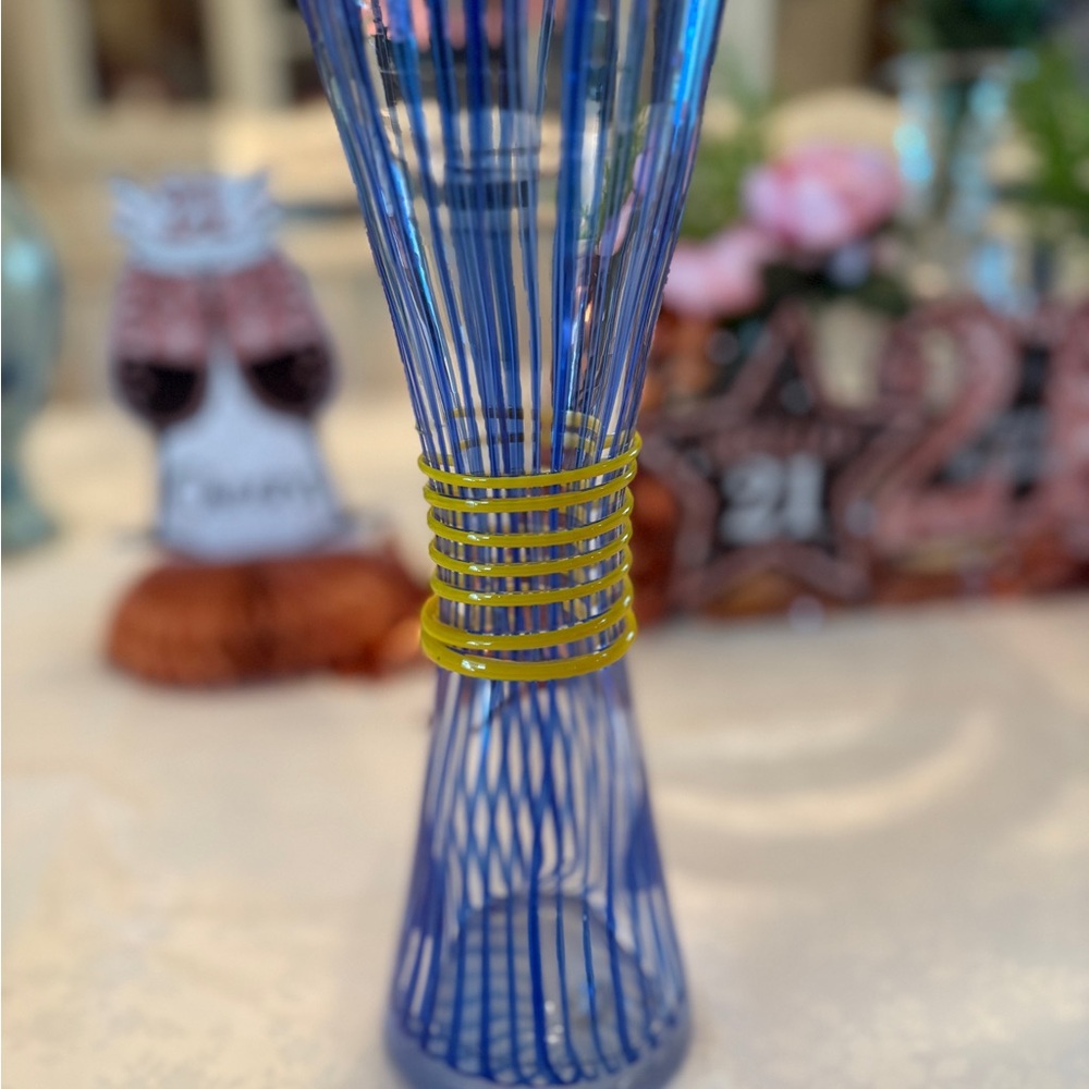 Striped Hand-Blown Glass Vase Blue, White & Yellow - Picture 2 of 8